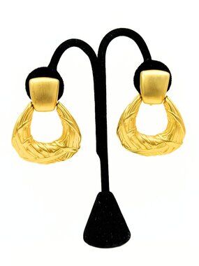 Anne Klein Designer Signed Modernist Gold Plate Door Knocker Clip Earrings